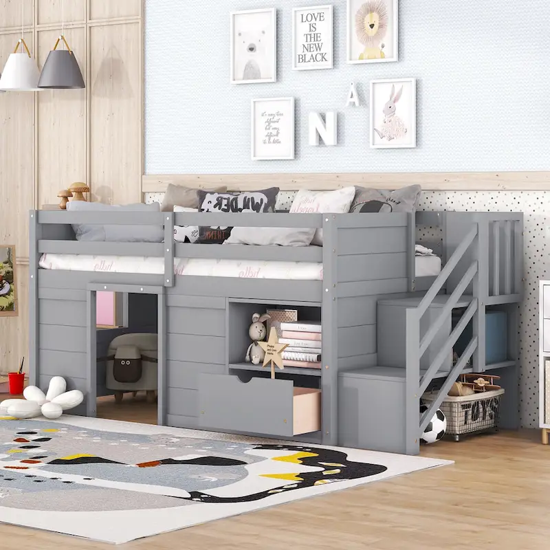 Gray Twin Solid Wood Low Loft Bed with Stair & Drawer