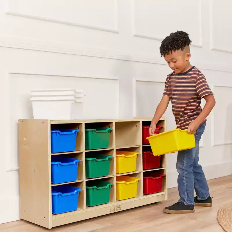 ECR4Kids 12 Cubby Mobile Tray Cabinet and 15 Scoop Front Bins, 3x4, Kids Furniture