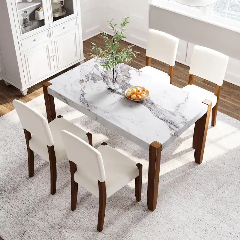 5 Piece Dining Table Set, 4 People Kitchen Dining Room Set with Faux Marble Style Table and 4 Upholstered Chairs