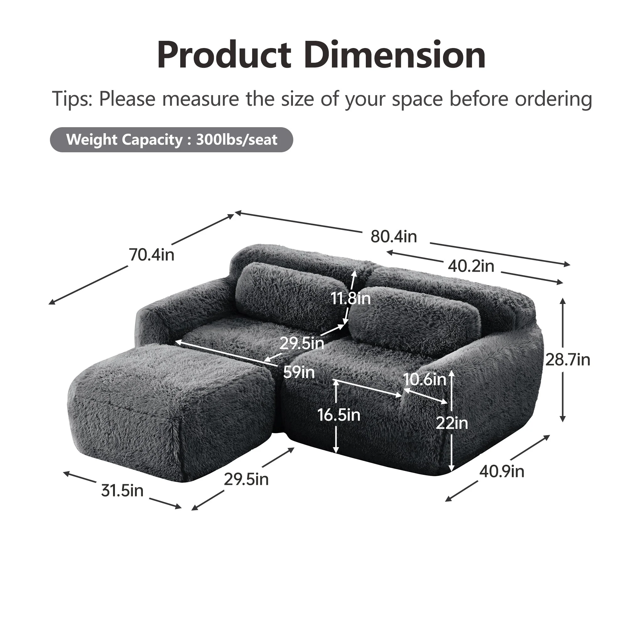 Soft Teddy Plush Ergonomic Design L-shaped Loveseat Sofa with Ottoman