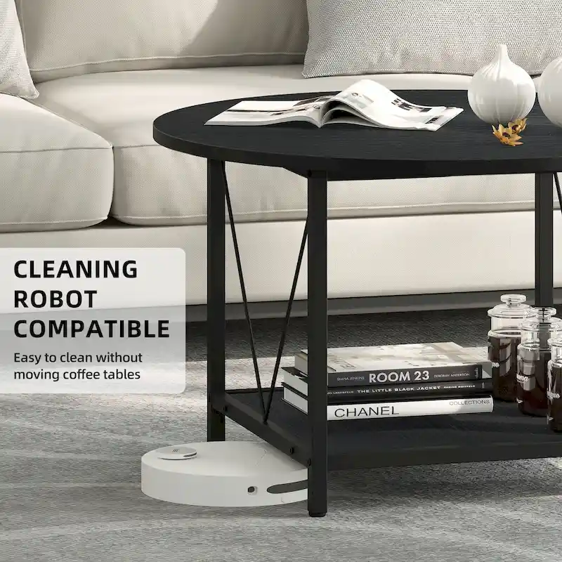 Industrial 2-Tier Round Coffee Table with Shelf