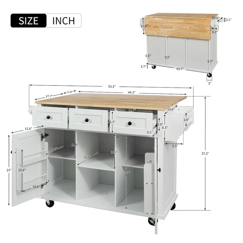 Kitchen Cart With Rubber Wood Drop-Leaf Countertop