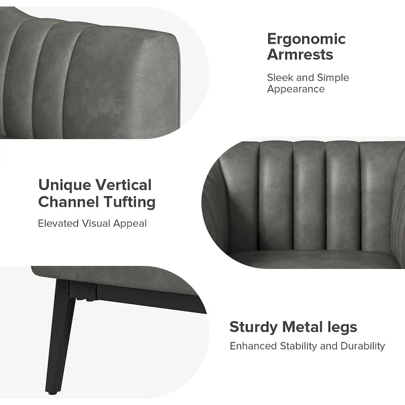 Channel Tufted PU Leather Accent Chair, Navy/Grey/Camel/Brown/Black, Metal Legs, Set of 2