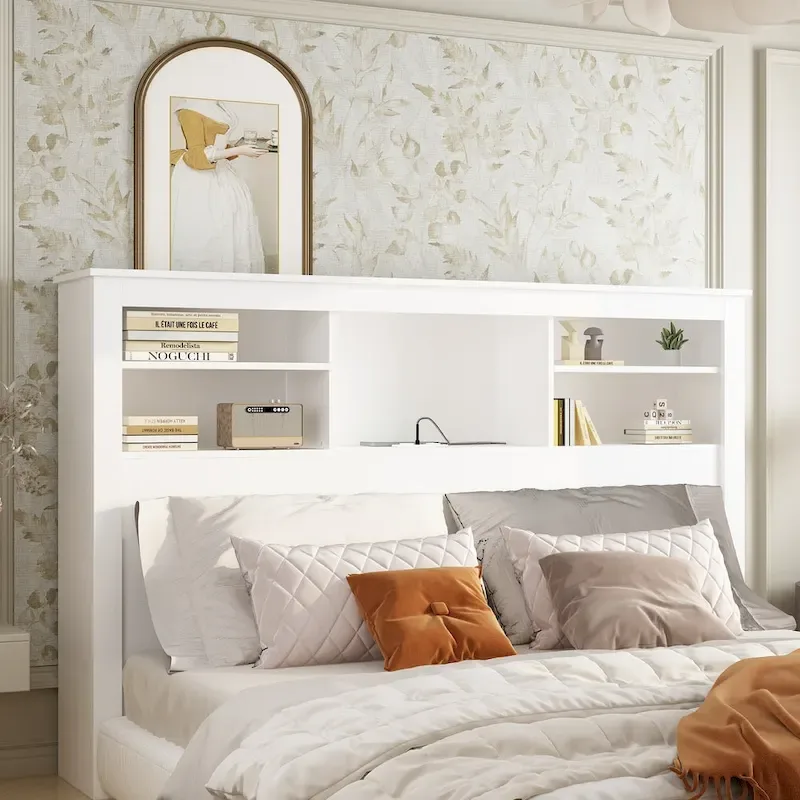 White Bookcase Headboard with RGB LED Lights and Adjustable Shelves – Queen, Single Bed