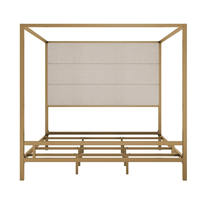 Sleek Modern Metal Canopy Bed with Tall Linen Upholstered Headboard