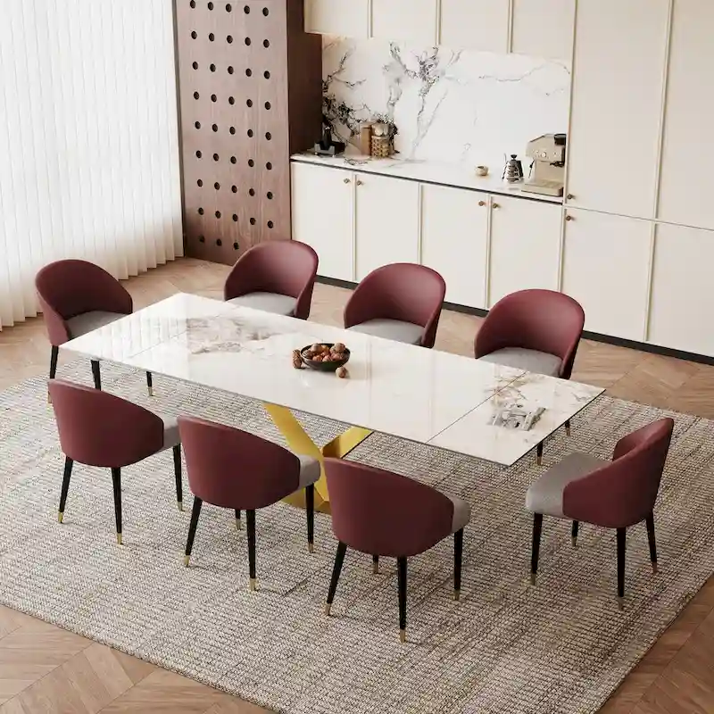9 - Piece 94.48 Rectangular Extendable Sintered Stone Dining Table with 8 Faux leather Chairs Dining Set