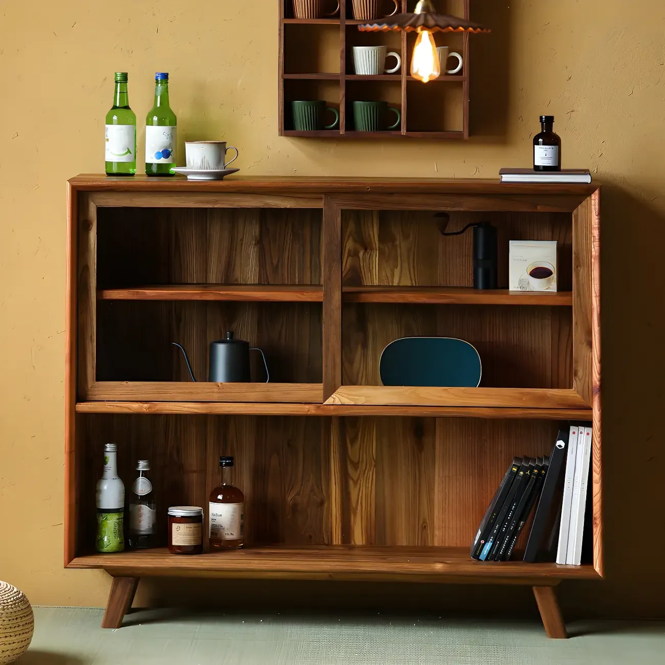 Rectangular Brown Espresso Wood Open Storage Display Cabinet