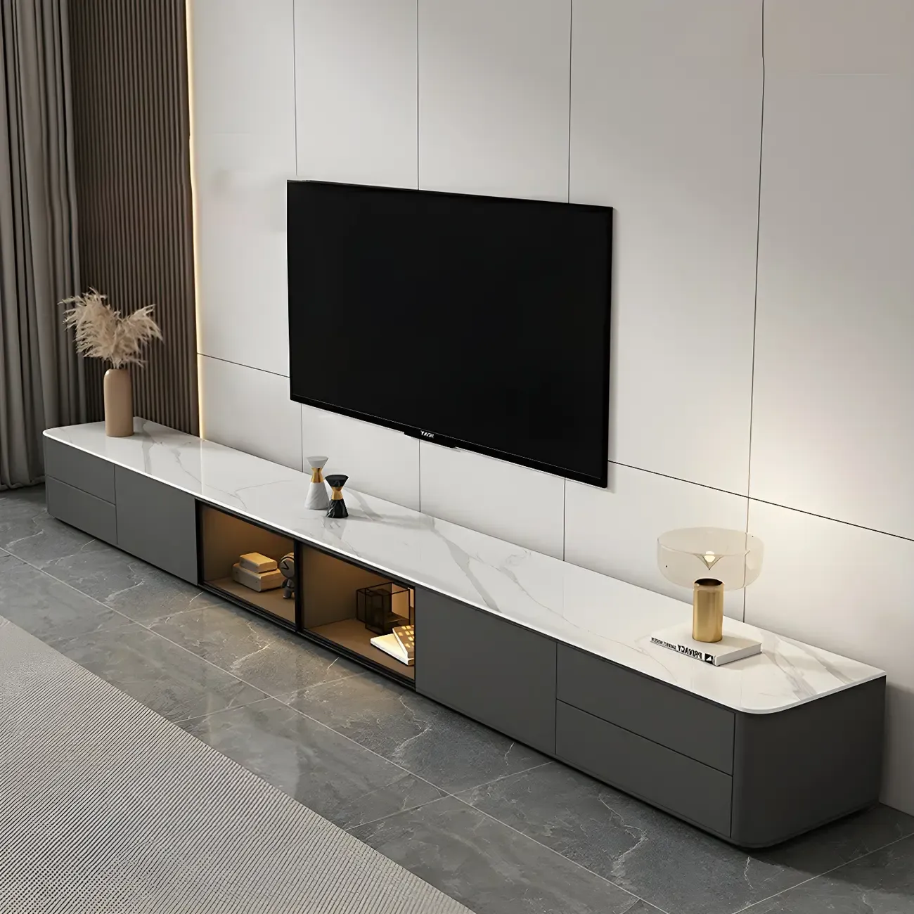 Living Room Grey Stone Long TV Stand with Drawers & Cabinet