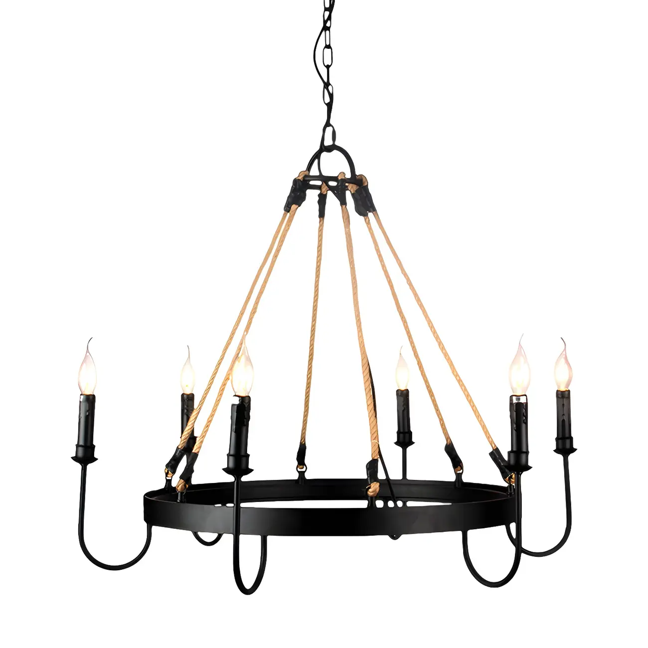 Hemp Rope Industrial Metal Round Candle Chandelier