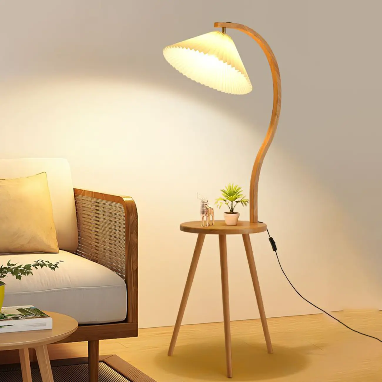 Natural Wood Beige Fabric Arc Floor Lamp with Shelf