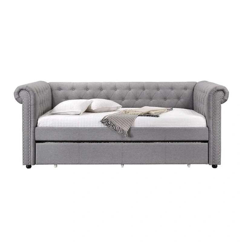 Chesterfield Twin Size Daybed with Attached Trundle and Nailhead Trims,Gray