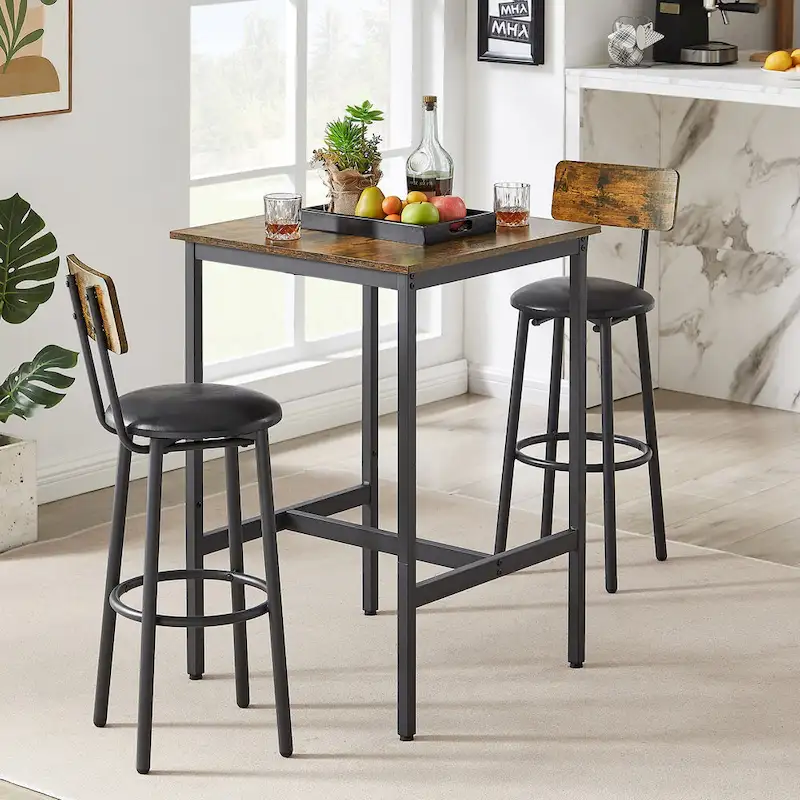 Mieres Industrial Style Rustic Farmhouse 3 Pieces Dining Table Set, Bar Table Set with 2 Bar Stools for Kitchen, Dining Room