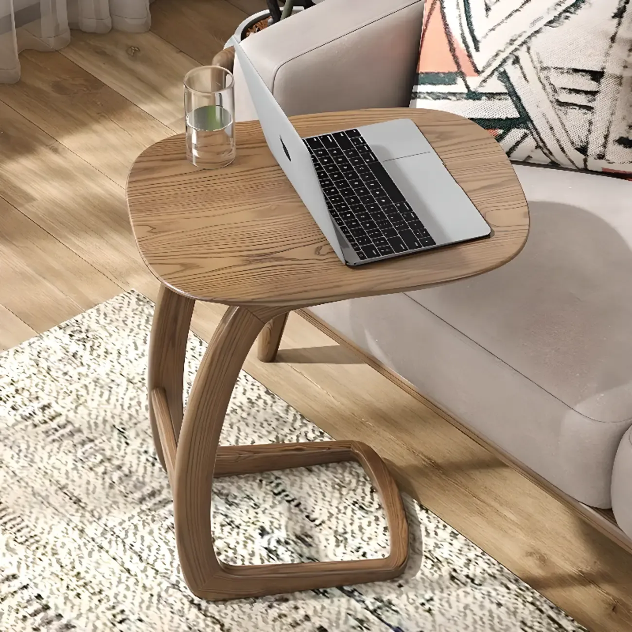 Minimalist C Shaped Natural Wood Living Room Side Table