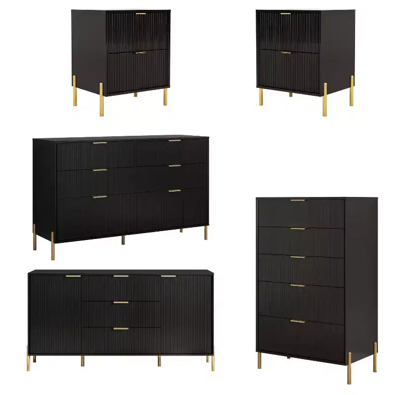 Festivo 5pc Modern Elegance Bedremm Chest and 2 Dressers and 2 Drawer Nightstands Set Black