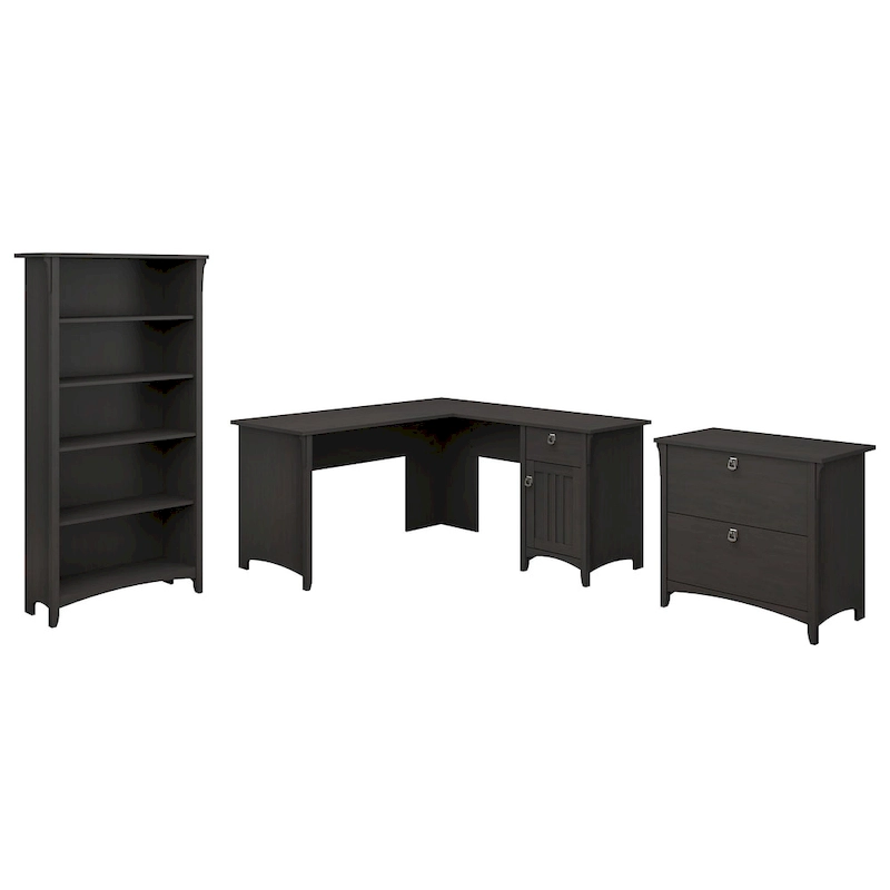 L-shaped Desk with Lateral File Cabinet and Bookcase in Vintage Black