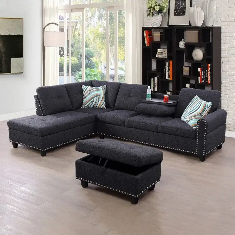 Rivet-Embellished 3-Piece Black Grey Linen Sofa Set - Elevate Your Living Room Style