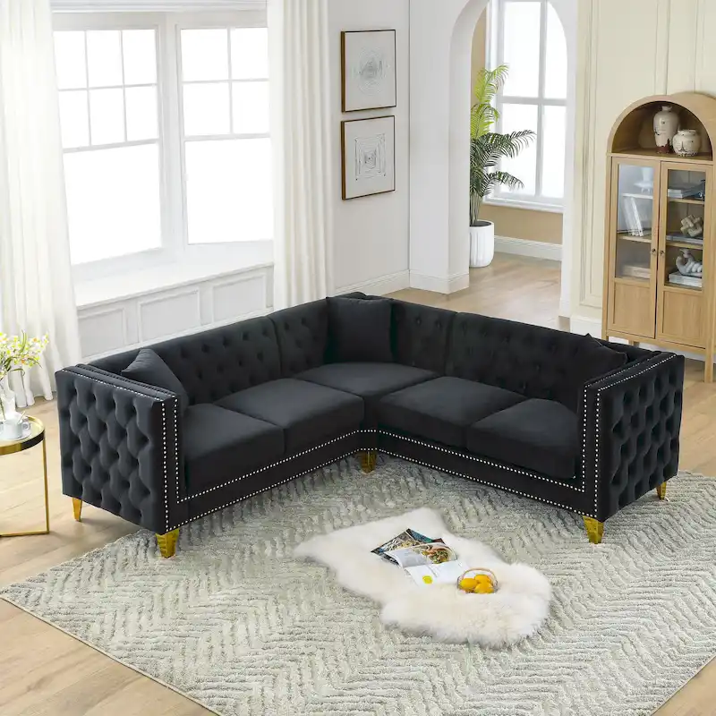 Black 82.2 Velvet Chesterfield L-Shaped Sofa for 5 with Nailhead Trim and Tufted Cushions