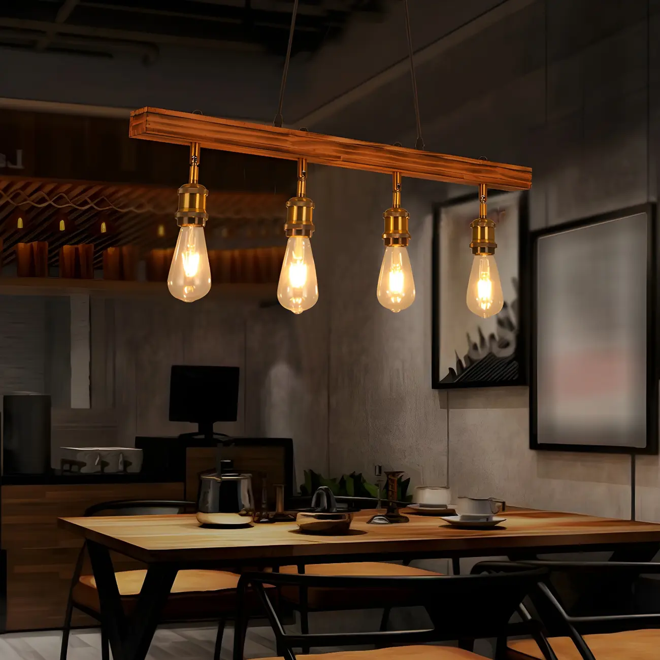 Industrial Brown Wood Brass Adjustable 31.5 Pendant Light