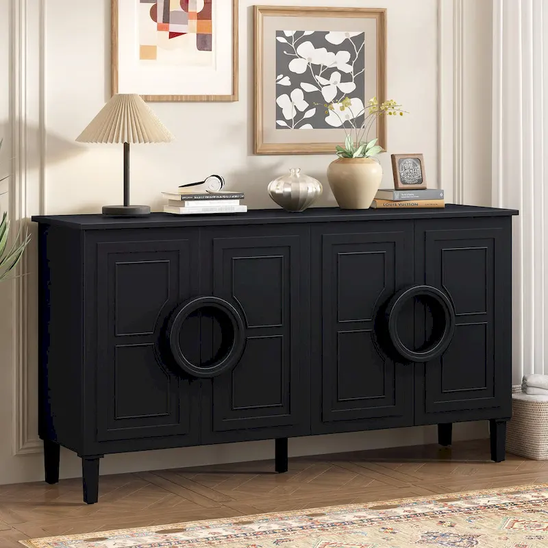 Sideboard Cabinet with Round Ring Handle, Wood Storage Cabinet with Adjustable Shelf, Console Table with 4 Doors