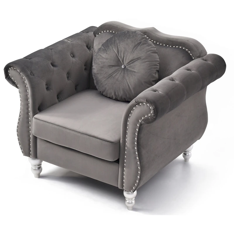 Hollywood Chesterfield Tufted Velvet Accent Chair with Round Throw Pillow - 39L x 35W x 34H
