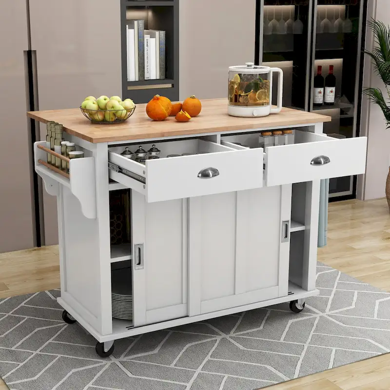 Kitchen Cart With Rubber Wood Drop-Leaf Countertop(no include stool)