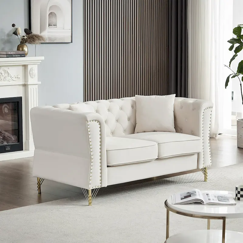 Beige 60.2 Velvet 2 Seater Sofa Couch with Metal Feet, 2 Pillows, Nailhead Trim, Solid Wood Frame and Foam Padding