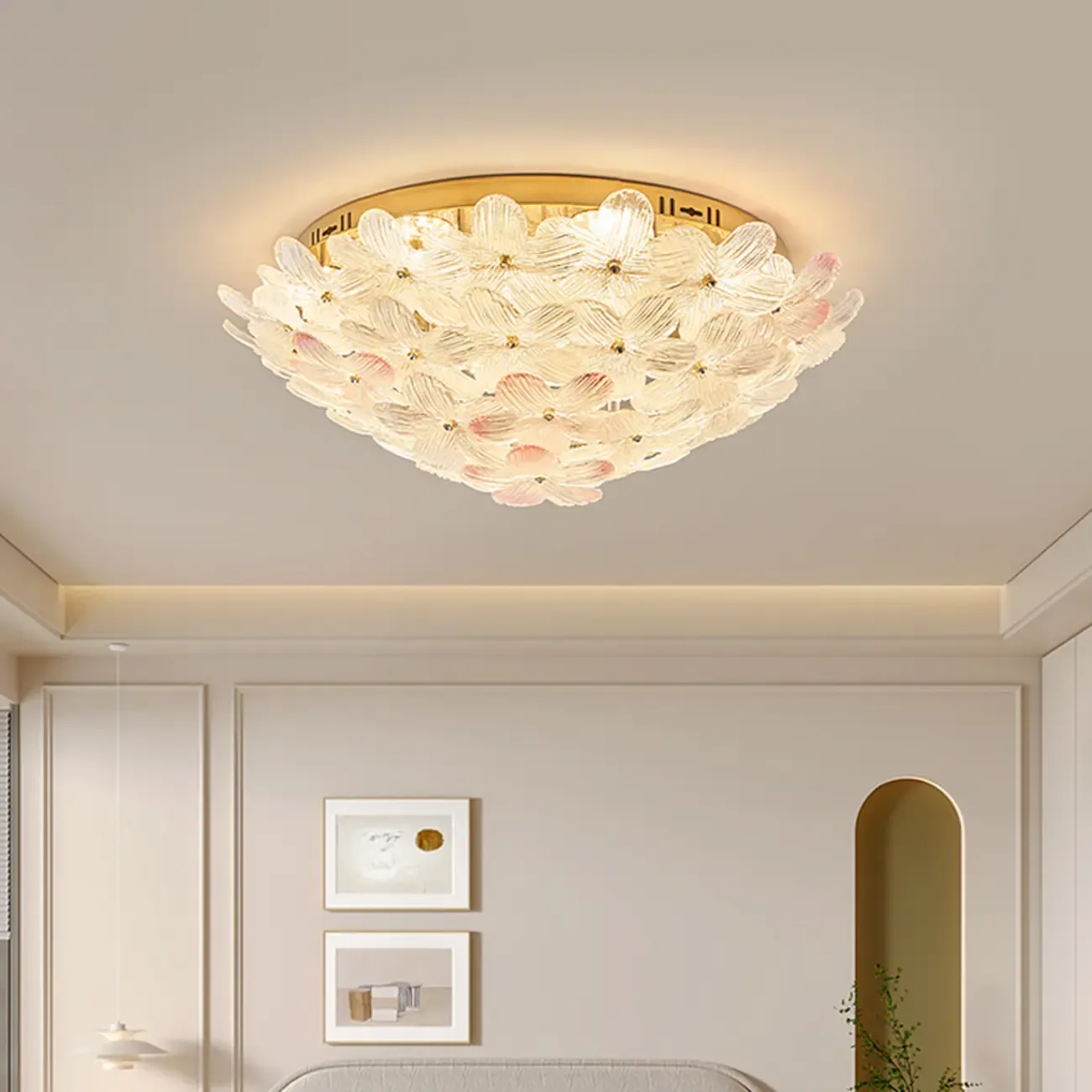 Glass Flower Shape Aureate Stainless Fixture Flush Mount Ceiling Light