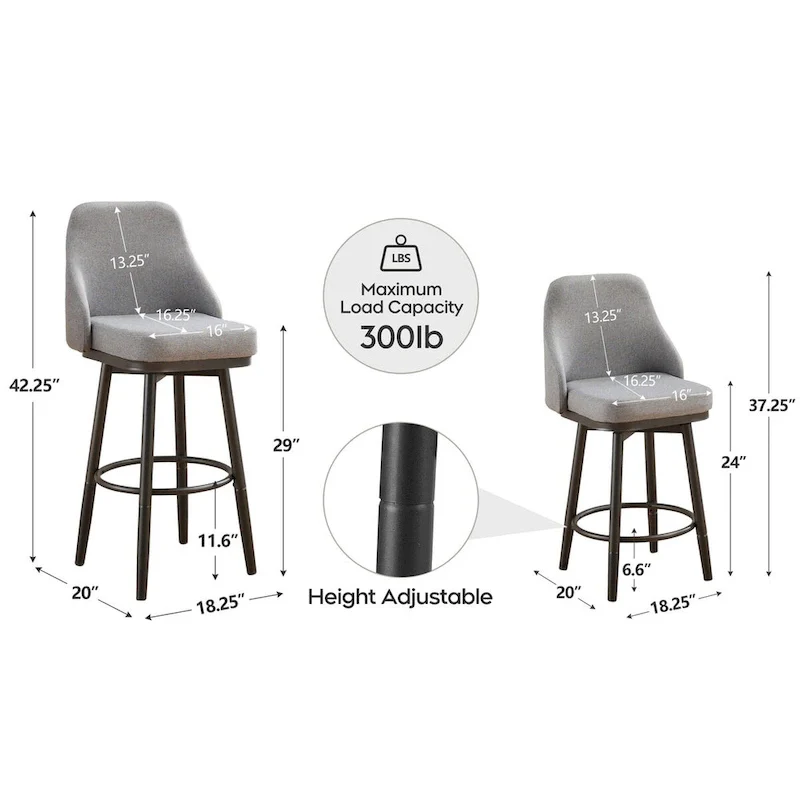 Bar Stools Set of 2 Chenille Adjustable Counter Height Swivel Bar Stools with Back Metal Leg,24 to 29 Inch,Light Gray