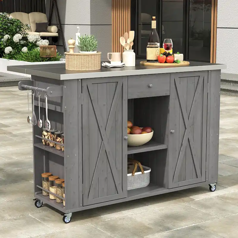 Outdoor Solid Fir Wood Kitchen Island with Stainless Steel Top,Mobile Outdoor Cart with Barn Doors,Drawer