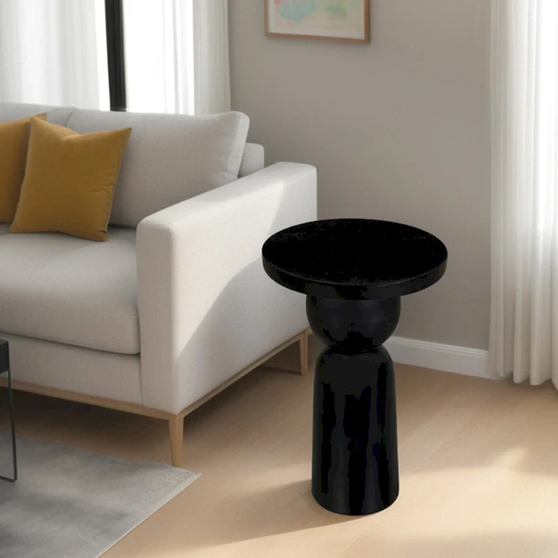 Tia 12 Inch Round Side End Table with Turned Pedestal Base, Mango Wood in Matte Black Finish