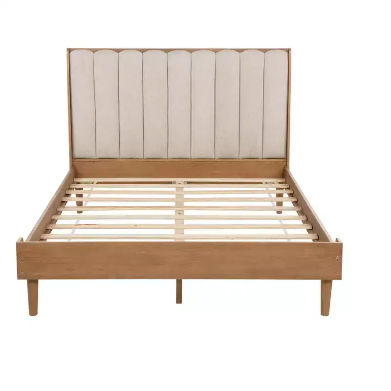 Whisen Wood Bed with Upholstered Headboard and Strengthened Frame