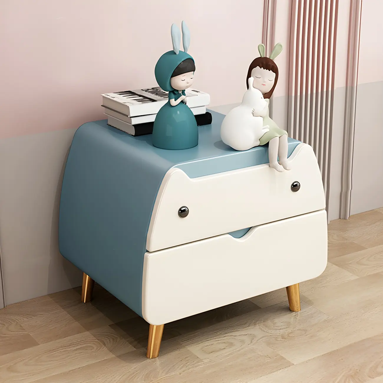 Pink Cute Cat Shape Scandinavian Nightstand with 2 Drawers