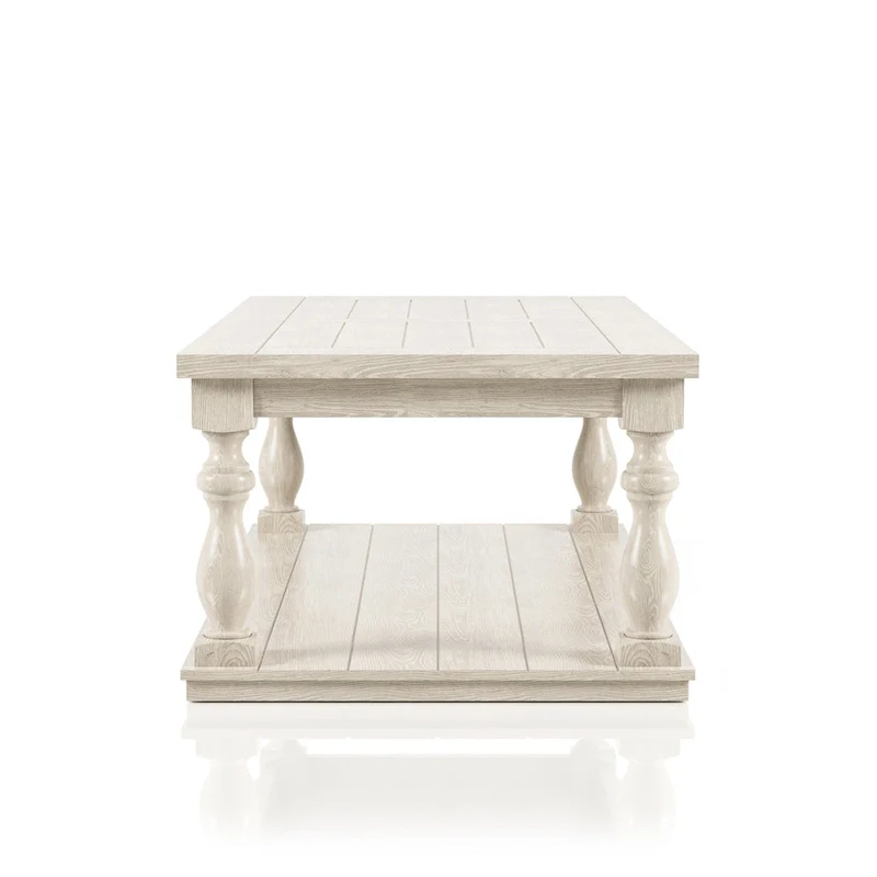 Wood Coffee Table with Lower Shelf, Antique White, Rustic Traditional, 52