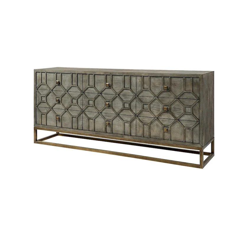 Genevieve II Gray Fir Veneer w/Gold Metal Frame Base 9 Drawer Sideboard