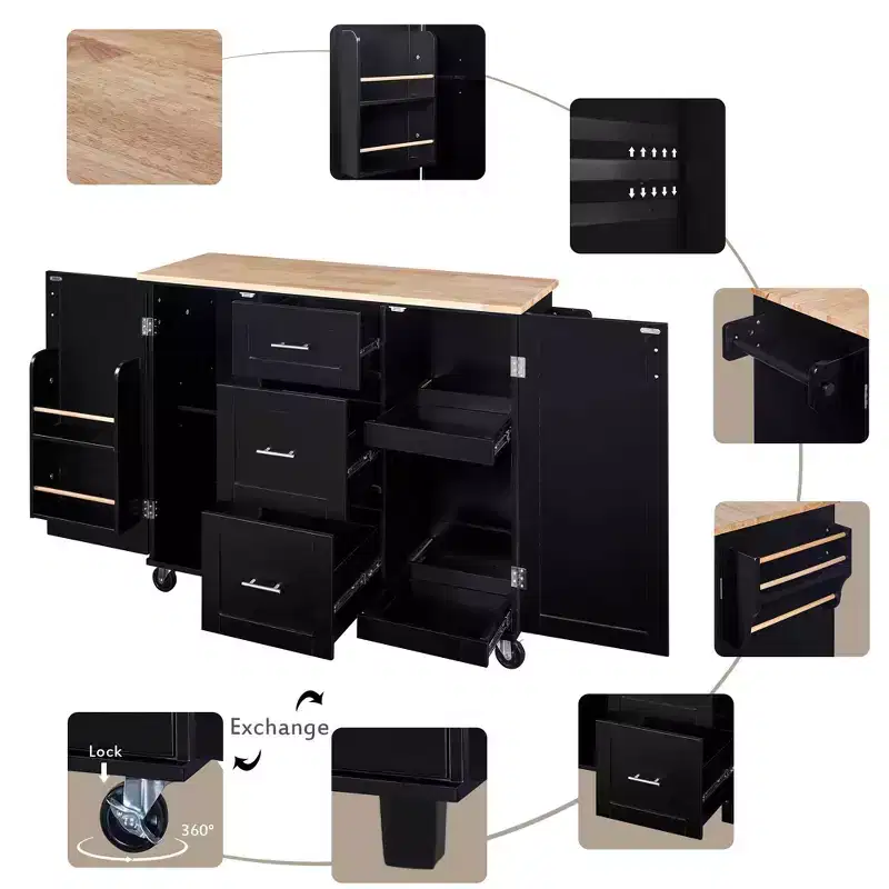 MAYEERTY Black Rolling Kitchen Island with Rubber Wood Top, 3 Drawers 2 Slide-Out Shelves Spice Rack Tower Rack