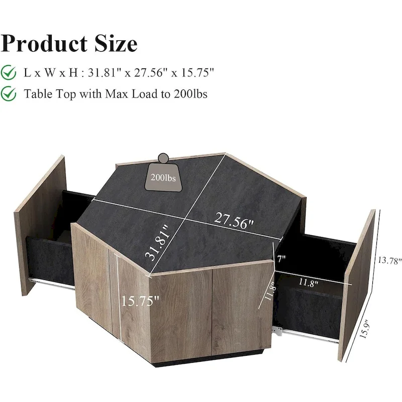 Hexagonal Coffee Table, Scratch Resistant Center Table with Drawers