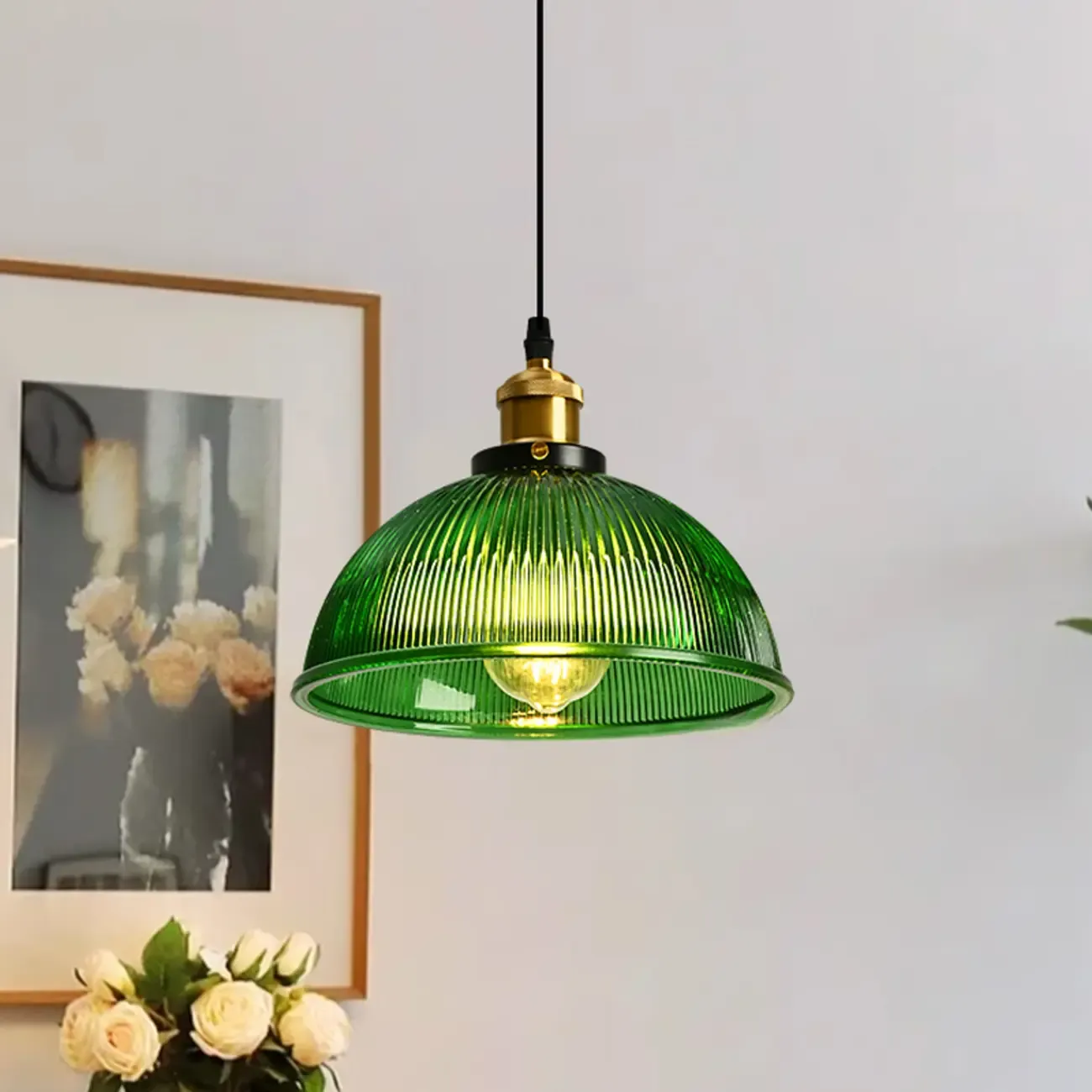 Green Fluted Glass Brass Dome Pendant Light