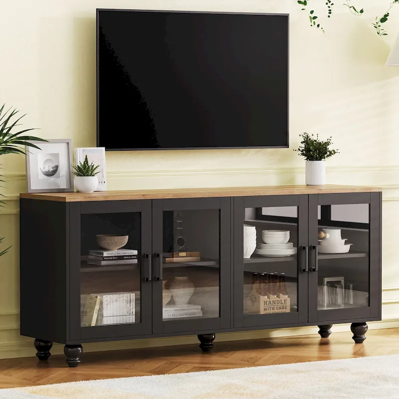 TV Stand for TVs Up to 70,Versatile Sideboard,Adjustable Shelves,Tempered Glass Doors,Buffet Cabinet with 5 Gourd-Shaped Legs