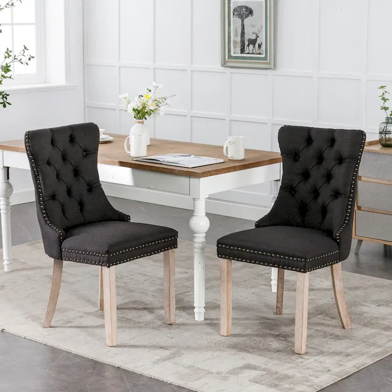 High-end Tufted Solid Wood Contemporary Flax Upholstered Linen Dining Chair with Wood Legs Nailhead Trim 2-Pcs Set