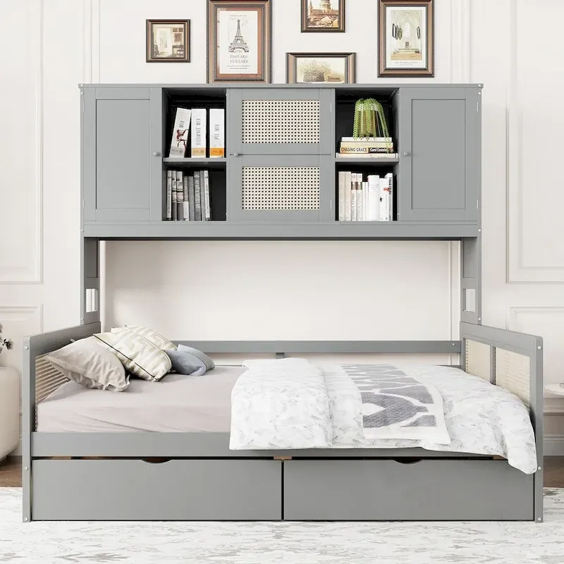 Wooden Daybed With 2 Drawers and All-in-One Cabinet and Shelf