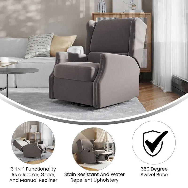 Wingback Manual Recliner Swivel Glider, Cream/Light Gray/Dark Gray, 3-Position, Seats 1