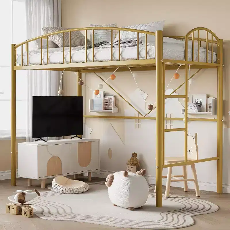 Acekool Twin Loft Bed with Stairs, Arched Guardrail, Metal Frame, Space-Saving, Noise-Free, Gold