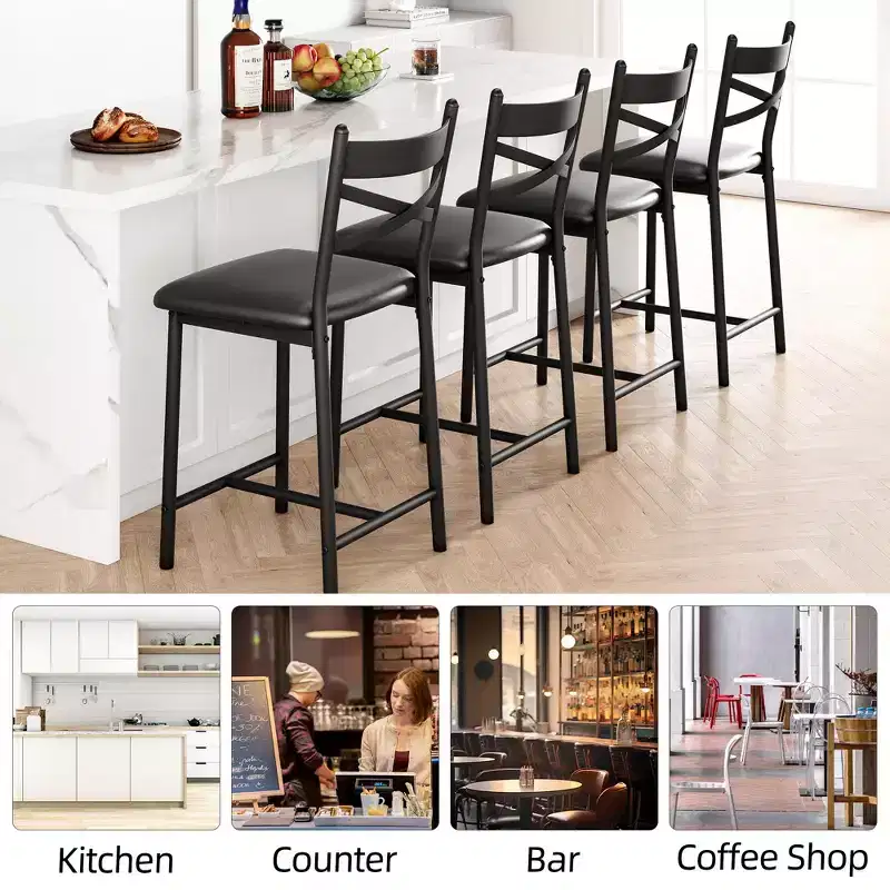 Set of 2 Counter Height Bar Stools with Back, Upholstered Faux Leather Bar Chairs with Thick Cushion and Footrest