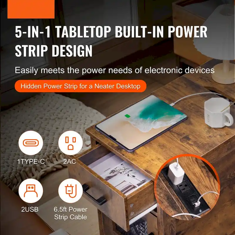 Natural Wood Particle Board End Table with Drawer and Power Strip - 23.98 L x 14.02 W x 24.02 H
