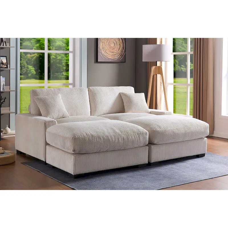 Modular Sectional Sofa with Ottoman & Pillows, Corduroy, Beige/Grey, High-Density Cushion
