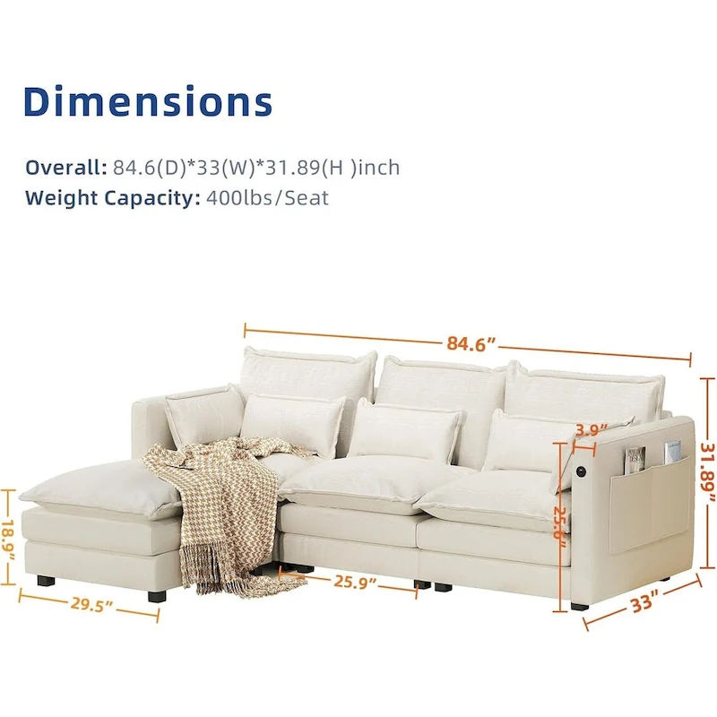 Modular Sectional Sofa L Shaped Couch, 3/4 Seat Sofa Set with Ottoman, Chenille Fabric