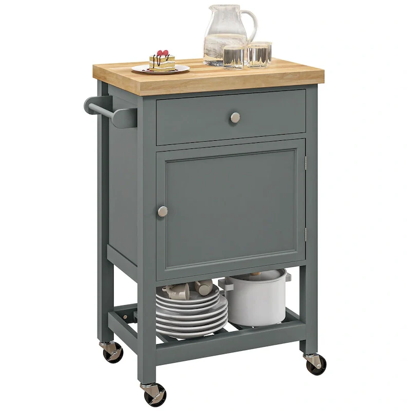 HOMCOM Utility Kitchen Cart, Rolling Kitchen Island with Smooth Rubberwood Top, Narrow Butcher Block Surface on Wheels