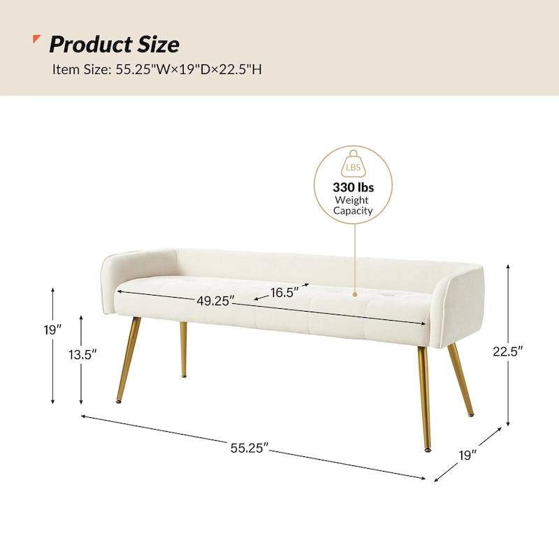 Luis Modern Upholstered Low Back Bench with Sturdy Golden Metal Tapered Leg by HULALA HOME