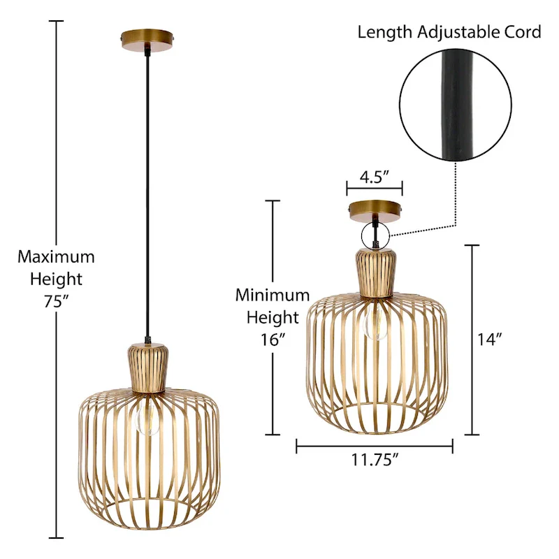 Charissa River of Goods Antique Brass-Painted Metal 11.75-Inch Pendant Light with Cage Globe Shade - 11.75  x 11.75  x 16/75