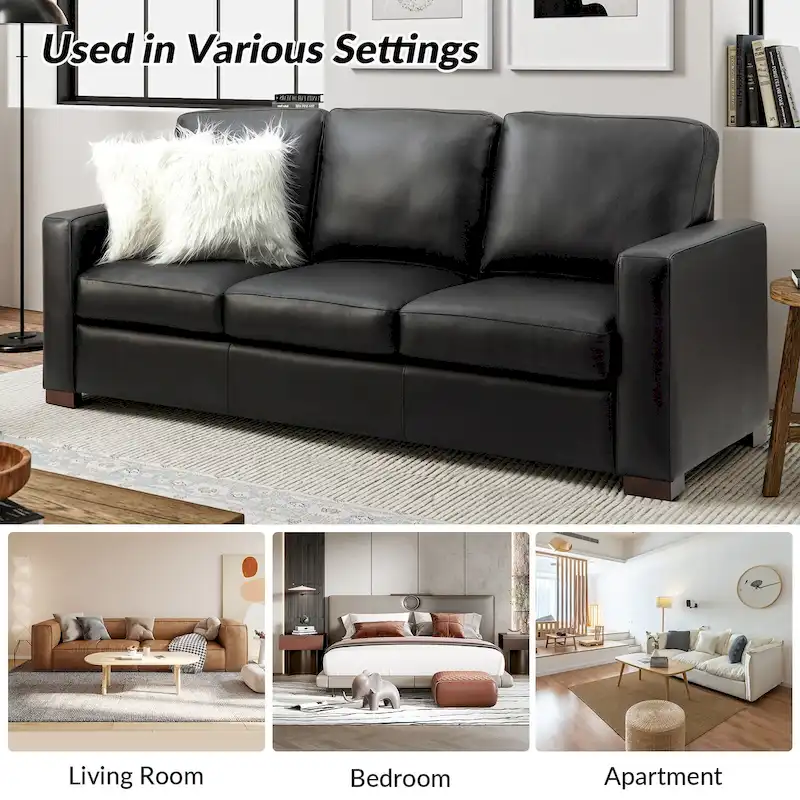 Ernando 83.46 Wide Genuine Leather Sofa with Squared Arms and Pillows